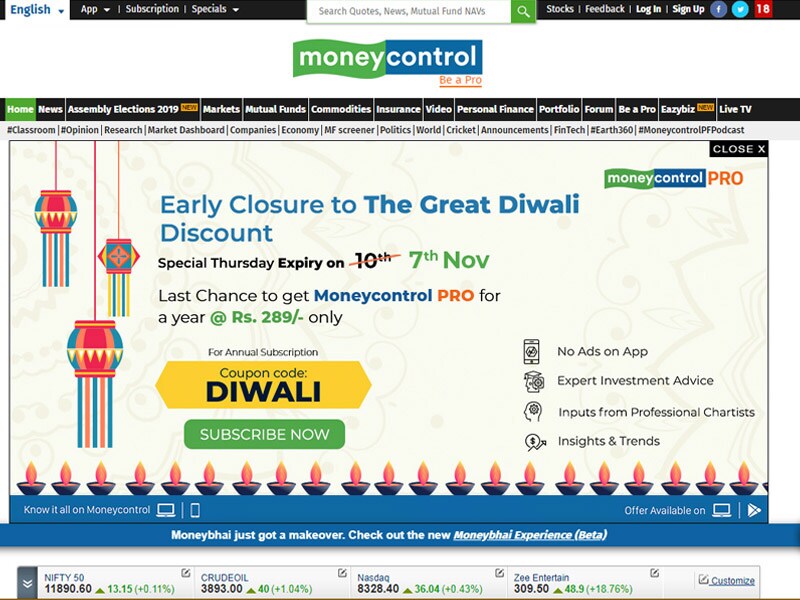 The Moneycontrol Pro Great Diwali Discount is Closing Ahead of Schedule. Subscribe Now