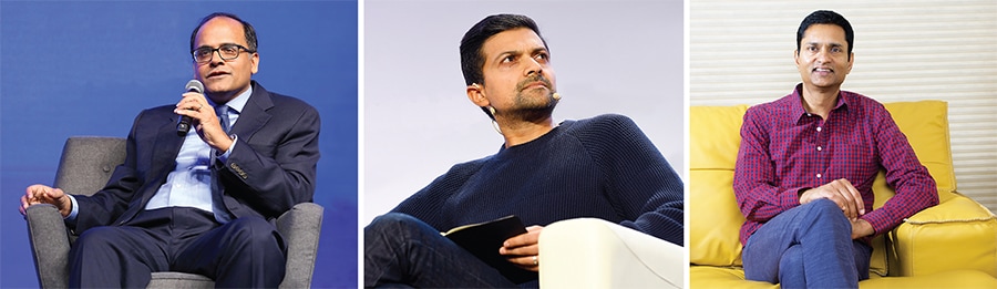 (From left) Deven Parekh, managing director of Insight Venture Partners, Kleiner Perkins General Partner Mamoon Hamid, and Anand Rajaraman, the founding partner of rocketship.vc
Image: Parekh: Monica Schipper / Getty Images; Perkins: Steve Jennings / Getty Images for  Techcrunch; Anand Rajaraman: Aditi Tailang