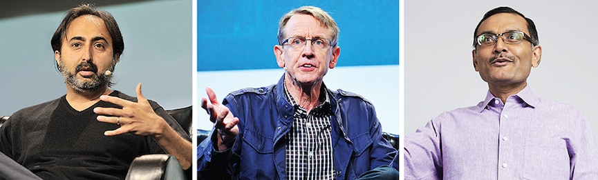 (From left) Managing Partner of General Catalyst Hemant Taneja, Kleiner Perkins Partner John Doerr, and Deep Nishar, managing director of General Catalyst
Image: Hemant Taneja, Kleiner and John Doerr: Steve Jennings / Getty Images via AFP