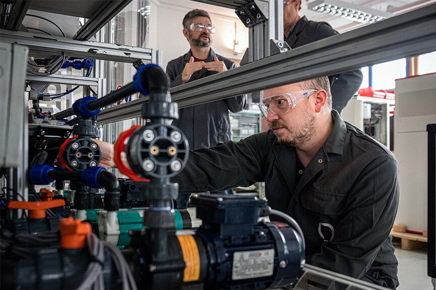 An engineer works on a battery prototype at VoltStorage in Munich, Germany, on April 13, 2022. Investors often shy away from companies that build complex, expensive hardware. (Lena Mucha/The New York Times)