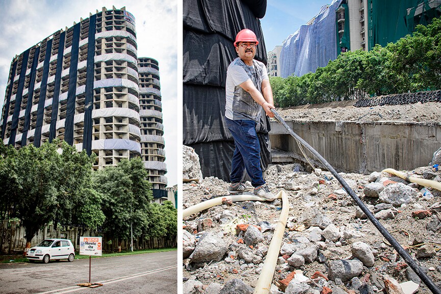 Twin towers: Supertech's illegal twin towers—Apex and Ceyane—are set to be demolished on Sunday, 28 August
and (right) Chetan Dutta: A commerce graduate, Dutta started his journey by selling explosives to mines, and later on became 'certified blaster Image: Kapil Kashyap