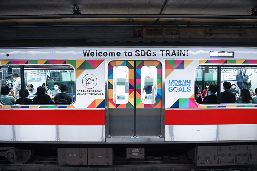 A  subway train in Tokyo promoting the United Nations’ Sustainable Development Goals campaign, Aug. 19, 2022. With the support of Japan’s biggest business federation, Keidanren, the country has embraced the U.N. campaign to aspire to become a better place by ending poverty, improving education and reducing inequality. (Noriko Hayashi/The New York Times)