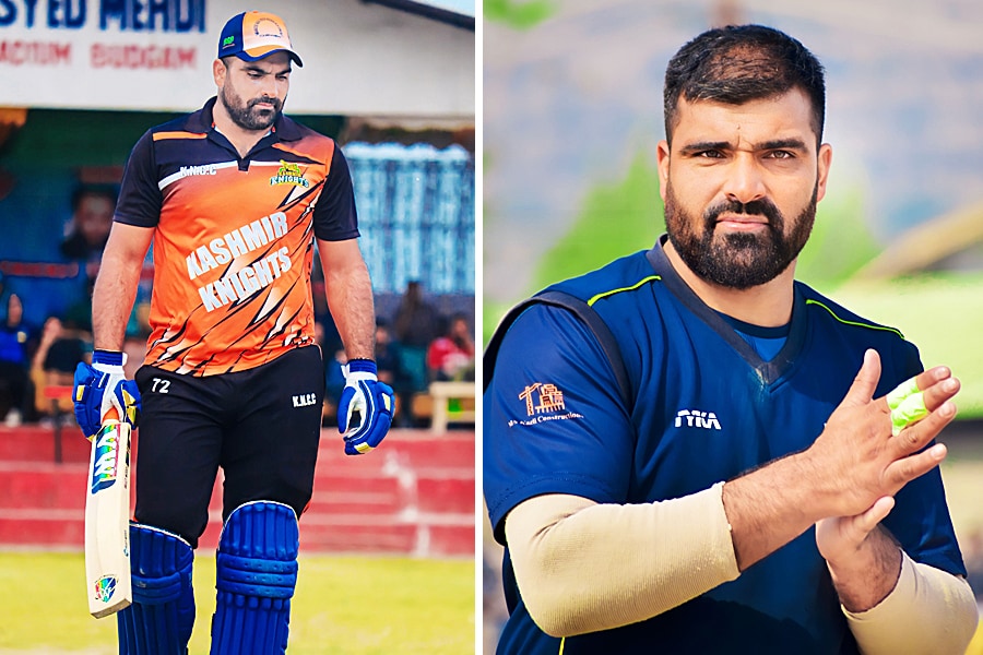 
Manzoor Dar fields, and gears up to bat in a local cricket match at the Aga Syed Media Stadium, Budgam, Kashmir.
Image: Showkat Ahmad