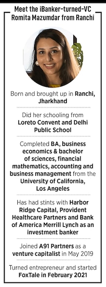 This is an infographic giving the gist of Romita Mazumdar's career that started with her stint as an investment banker and now she is also a VC and a founder of Foxtale.