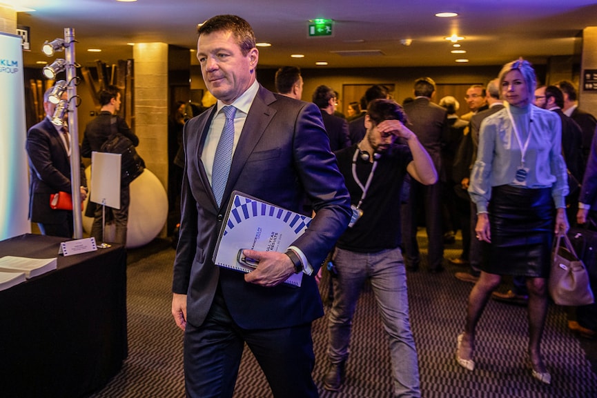 A file photo of Pieter Elbers arriving for a full-year earnings news conference in Paris, France during his tenure as CEO of the KLM division of Air France-KLM Group in February 2019. 
Image: Marlene Awaad/Bloomberg via Getty Images