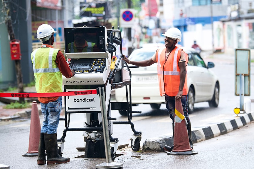  A Bandicoot being deployed to clean up a manhole in Thiruvananthapuram