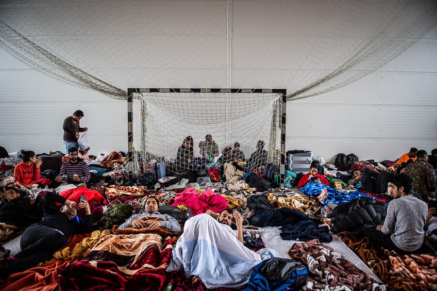 Hundreds of Indian students from the Kiev Medical School are housed in a reception center in Milisauti, Romania, on March 3, 2022, while waiting for an airlift to take them back to India. Photo by Alessandro Serrano/AGF/Universal Images Group via Getty Images