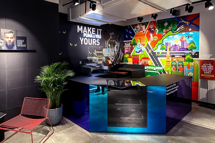 The state-of-the-art customization studio at the PUMA India’s store at Cyber Hub, Gurgaon. The embroidery and printing machine allows consumers to customise and personalise PUMA footwear, apparel and accessories using paints, dips, dyes, patchwork, embroidery, 3D knitting, laser printing, and pinning