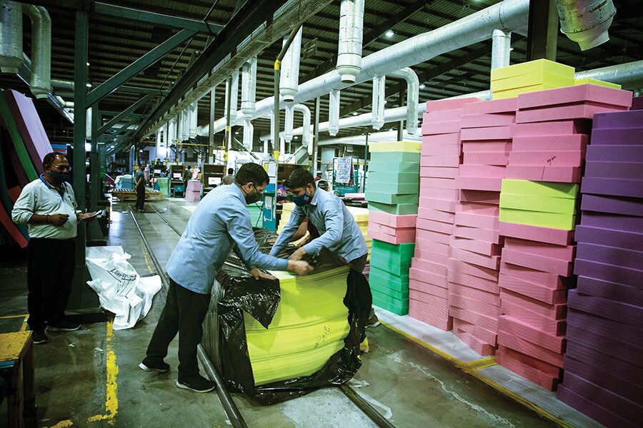 Sheela Foam’s manufacturing plant in Delhi-NCR. The company gets 81 percent of its revenue from home comfort  products, of which the mattress line is a big part
Image: Madhu Kapparath