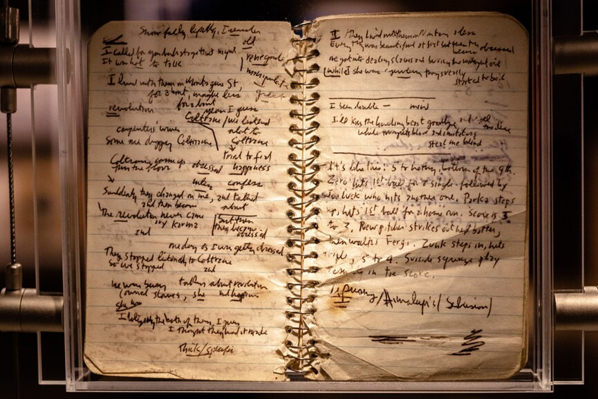 One of three notebooks containing original handwritten lyrics used on the Bob Dylan album “Blood on the Tracks,” on display at the Bob Dylan Center in Tulsa, Okla., April 30, 2022. A new space to display Dylan’s vast archive, celebrates one of the world’s most elusive creators, and gives visitors a close-up look at notebooks and fan mail. (Joseph Rushmore/The New York Times)