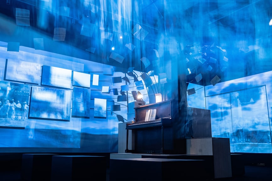 A prop piano that did not belong to Bob Dylan sits in an immersive gallery that nods at how prolific the singer-songwriter has been over his seven-decade career, at the Bob Dylan Center in Tulsa, Okla., April 30, 2022. (Joseph Rushmore/The New York Times)