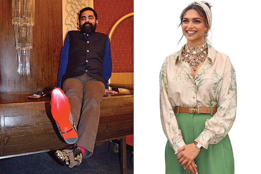 Mukherjee and Lebanese shoe designer Christian Louboutin collaborated on a couture line. The designer with their famous red-soled shoes at the 2015 Amazon India Couture Week; actor Deepika Padukone (right) wears a Sabyasachi belt Image: Rubina A. Khan / Getty Images; Stephane Cardinale / Corbis Via Getty Images (Deepika)