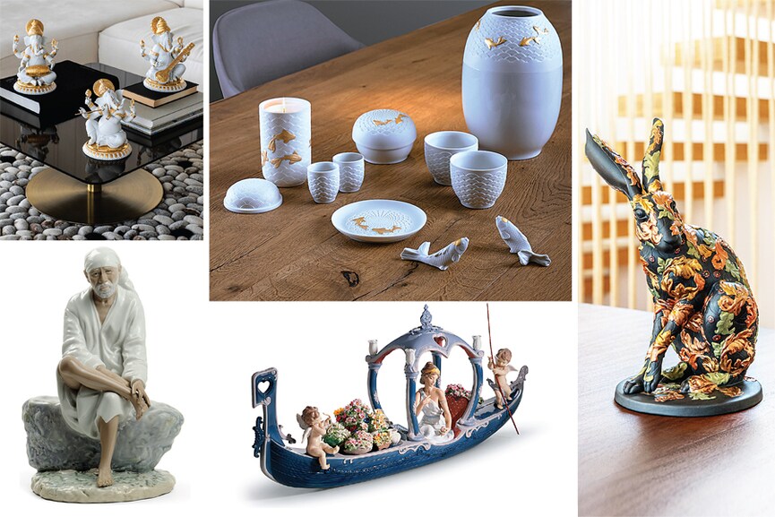 (Clockwise from left) Lord Ganeshas: Matte- and gloss-finish porcelain figurines with a veena, flute, and mridangam, with gold lustre embellishments; Koi Set: Dining table accessories inspired by ornamental fish, a symbol of love and friendship; Forest Hare: Handcrafted in porcelain, and inspired by the plant motifs of the designer William Morris; Gondola of Love: Limited series porcelain sculpture of a goddess in a gondola full of flowers accompanied by two little angels; Sai Baba: Sculpted in gloss-finish porcelain. capturing the essence of an austere and kind character