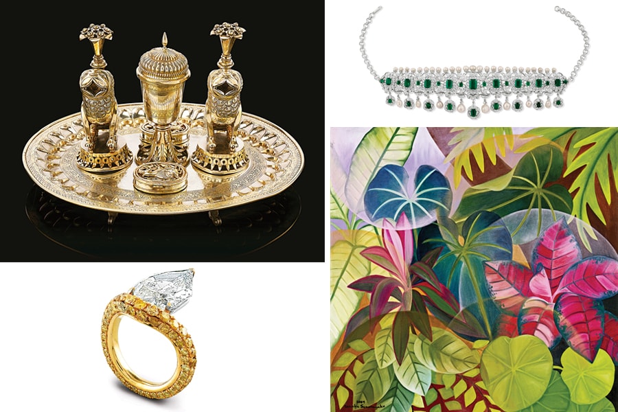 (Clockwise from right) Garden Song by Senaka Senanayake, 2009, inspired by Sri Lankan rainforests; Untitled by MV Dhurandhar, oil on canvas, 1922; an antique rosewater silver set; yellow diamond ring (bottom)