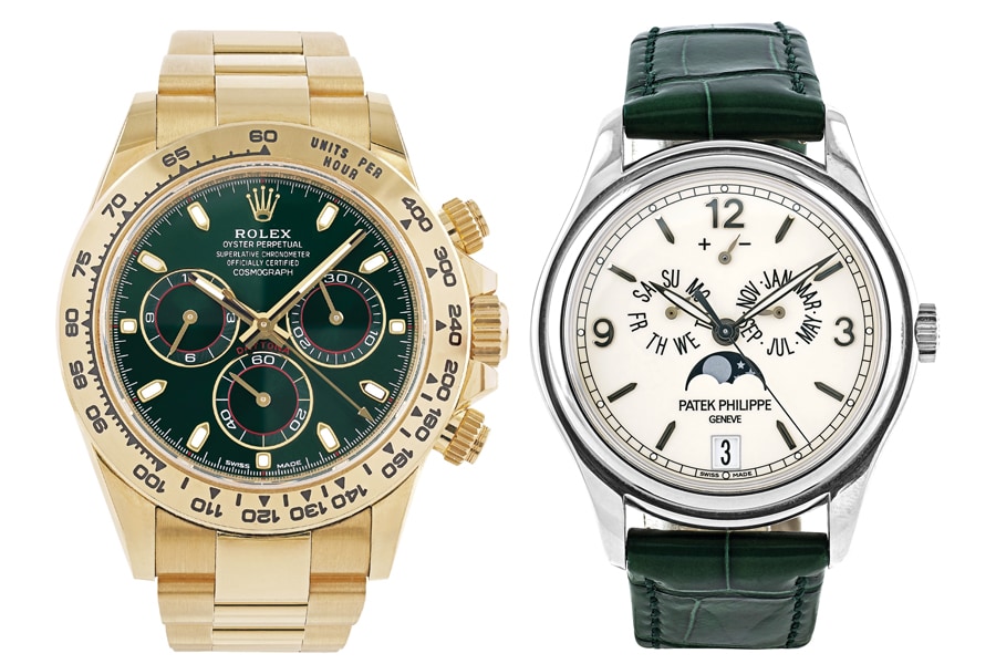 (From left) Rolex Oyster Perpetual Cosmograph Daytona watch; Patek Philippe Annual Calendar watch