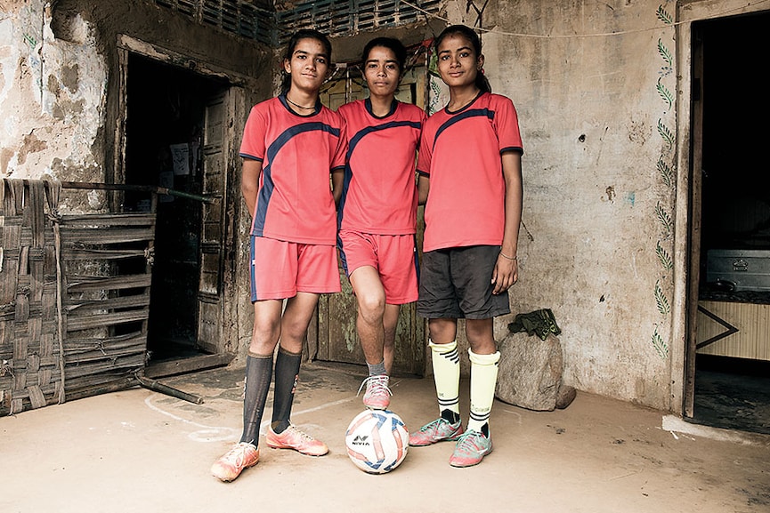 Sisters Savitri and Gayatri Panwar with friend Payal Prajapati (centre) from the Chachiyawas village in Ajmer, Rajasthan
Image: Amit Verma