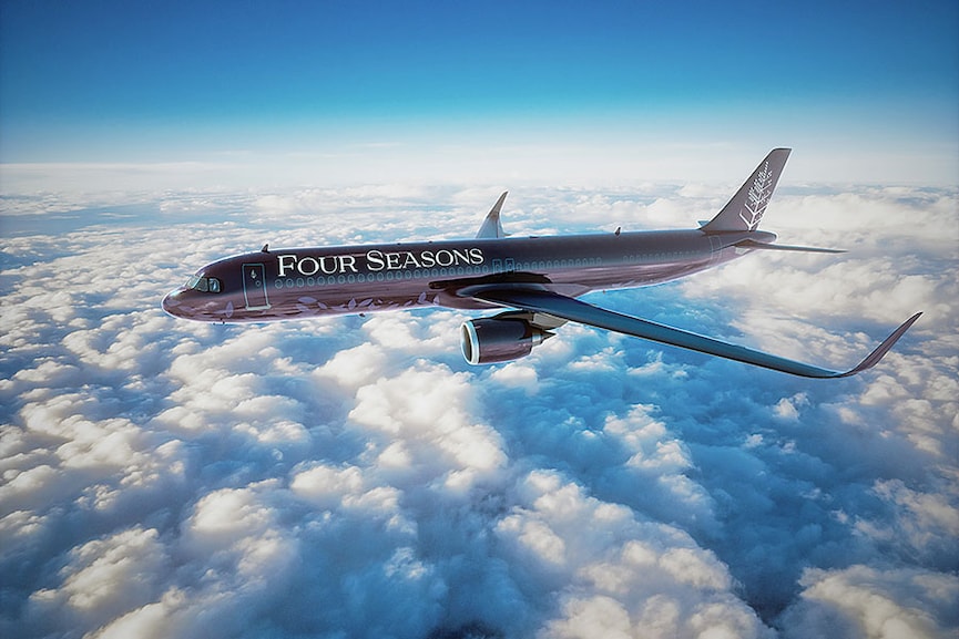 The Four Seasons Private Jet in operation is a customised aircraft with 48 seats, and includes a spacious lounge area for guests to socialise
