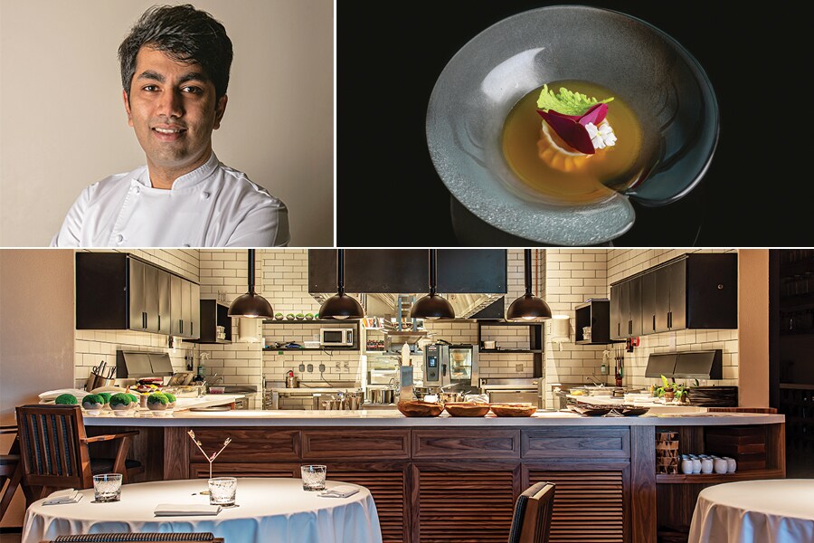 (Clockwise from above, left) Chef Himanshu Saini; ‘Splendours of South’ with lobster tail and rasam; a view of Tresind Studio, an annexe of the path-breaking Indian restaurant Tresind that opened in 2014