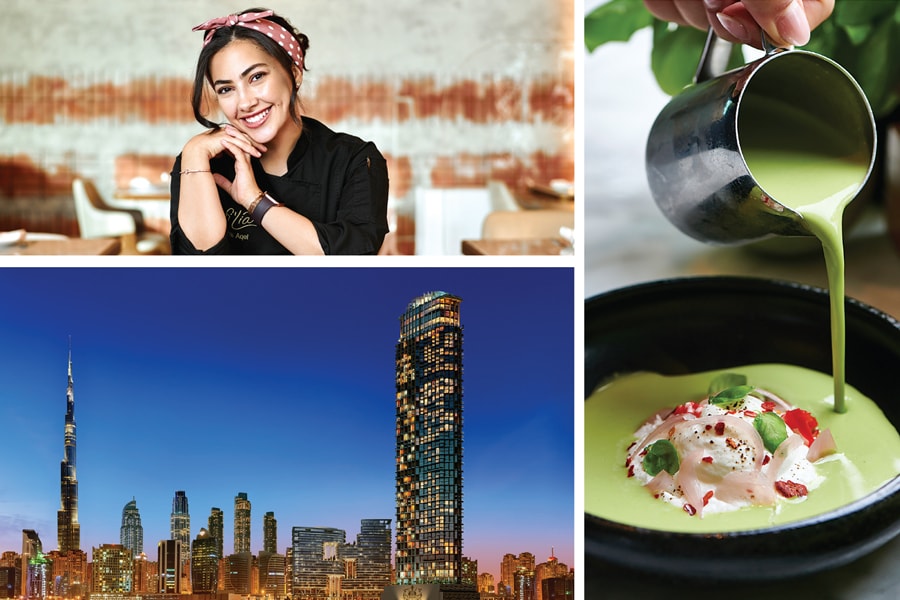 (Clockwise from right) Sara Aquel, executive chef of Fi’lia at the SLS Hotel, which bagged a Bib Gourmand listing by the Michelin Guide; creamy burrata heart with basil oil; a view of the SLS Hotel, one of Dubai’s newest and tallest skyscrapers; the Saturday brunch on Filia’s iconic terrace on the 70th floor
Image: Courtesy SLS