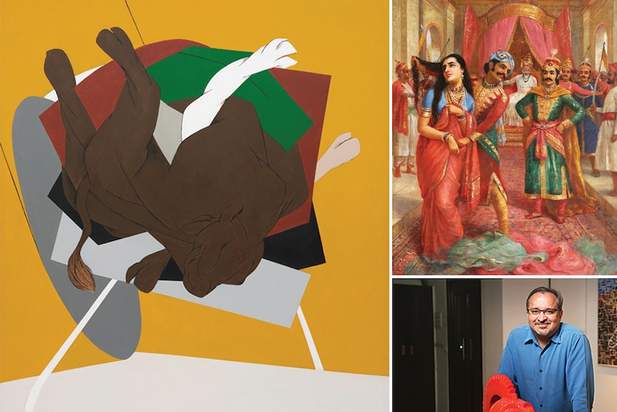 (Clockwise from right) Raja Ravi Varma’s ‘Draupadi Vastraharan’, circa 1888 -1890, oil on canvas; Dinesh Vazirani, founder and director of Saffronart; Tyeb Mehta’s ‘Untitled (Bull on Rickshaw)’, 1999, Acrylic on canvas
Images: Arts: Saffronart, Spring live auction: Modern Indian art, 6 APRIL 2022; Vazirani: Abhijit Bhatlekar Mint via Getty Images