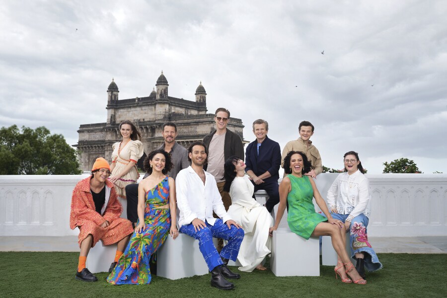 The team of The Lord of The Rings: The Rings of Power poses against the Gateway of India. (L-R back): Ema Horvath (Eärien), Lloyd Owen (Elendil), JD Payne (Showrunner/Executive Producer), Charles Edwards (Celebrimbor), Robert Aramayo (Elrond). (L-R front): Tyroe Muhafidin (Theo), Nazanin Boniadi (Bronwyn), Maxim Baldry (Isildur), Markella Kavenagh (Elanor ‘Nori’ Brandyfoot), Sara Zwangobani (Marigold Brandyfoot), Megan Richards (Poppy Proudfellow) Image: Amazon Studios