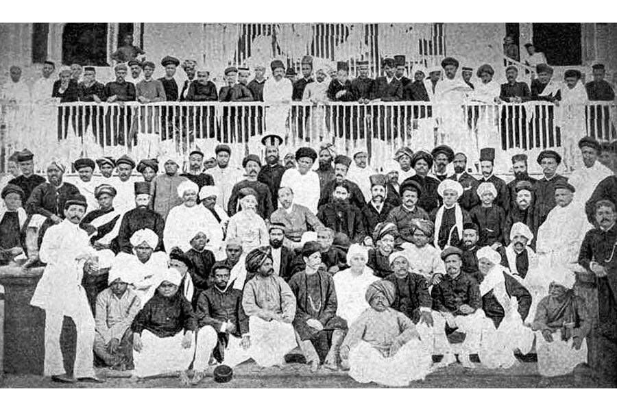 
First Indian National Congress meeting in December 1885, attended by representatives from across the Indian continent. Image: History/Universal Images Group/Getty Images