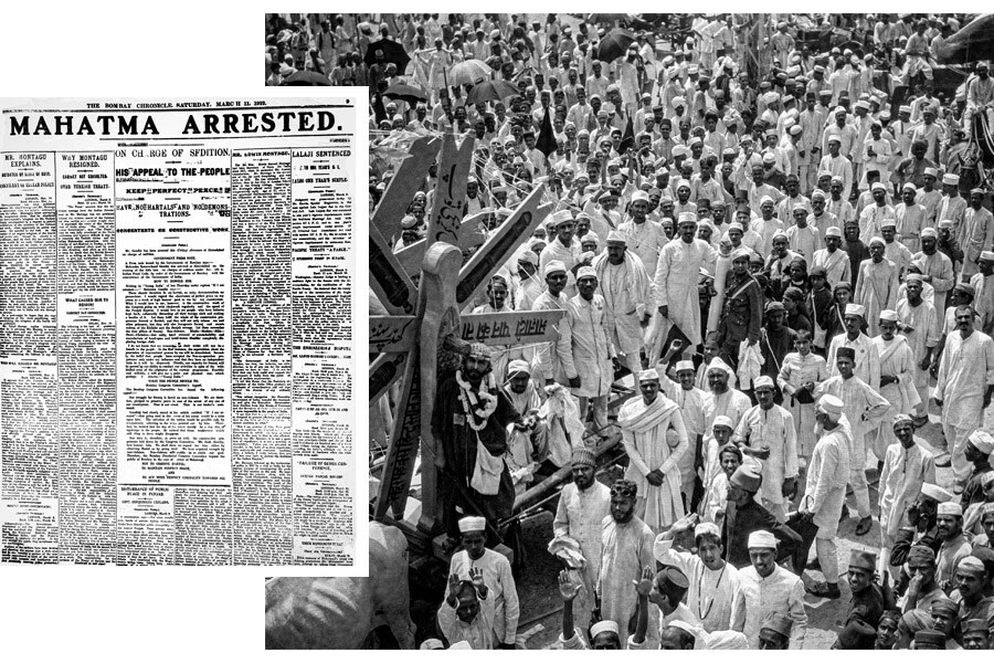 The front page of The Bombay Chronicle of March 11, 1922, reports the arrest of Mohandas Gandhi for sedition; Amidst shouts of ‘swaraj!’, Muslim volunteers protest Gandhi’s arrest. Image: Dinodia Photos/Getty Images; Bettmann