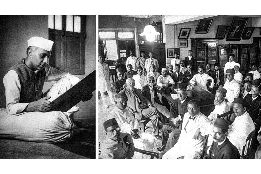 A young Nehru in 1929, who presided over the Lahore session of the Congress;
Members of the Indian National Congress party meeting in 1922, before Gandhi was taken into custody. Image: Universal History Archive/Getty Images; Getty Images