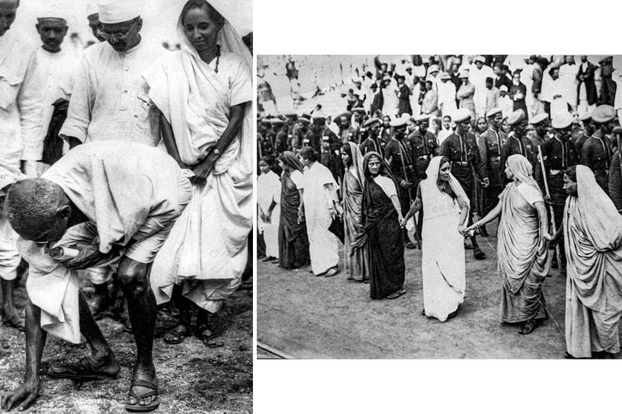 Gandhi picking up a handful of salt at Dandi on April 6, 1930, after walking 385 km over three weeks; Women form a human wall during a demonstration against a repressive salt tax. Image: Ruhe/Ullstein Blid via Getty Images; Bettmann