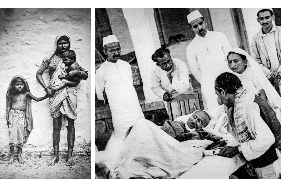 A portrait of a Harijan mother and her children circa the 1930s; Gandhi often embarked on fasts. Here, he protests the government’s segregation and allotment of separate electorate for Harijans (untouchables) circa 1939. Image: Bettmann; Ruhe/Ullstein Bild via Getty Images