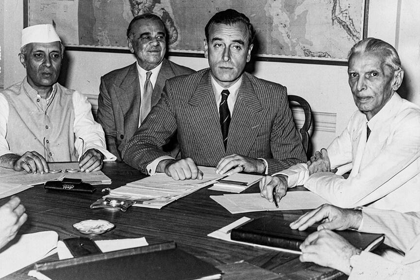 At the meeting of Britain’s partition plan for India (from left) Indian Congress leader Jawaharlal Nehru, Lord Ismay, Viceroy of India Lord Louis Mountbatten and All-India Muslim League President Muhammad Ali Jinnah, March 1947. Image: Keystone/Getty Images