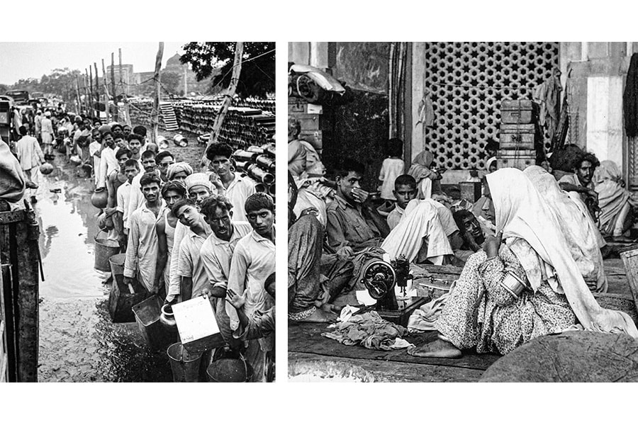 Muslim refugees wait in line for a jar of water at a camp in Purana Qila in Delhi, where they have taken refuge from riots that ensued after Partition, 25 September 1947; A young family with bare belongings takes shelter at a Delhi monument, circa August 1947. Image Bettmann; AFP