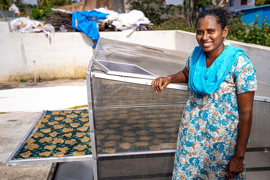 33-year-old Sowmya uses Selco’s solar-powered hydraulic papad press machine, which comes with a solar-powered dough kneader and she has also invested in a chakli making machine. The single mother, since using these machines can run her business—from making papads and chaklis to selling them—all by herself, without hiring help; Image: Selvaprakash Lakshmanan for Forbes India