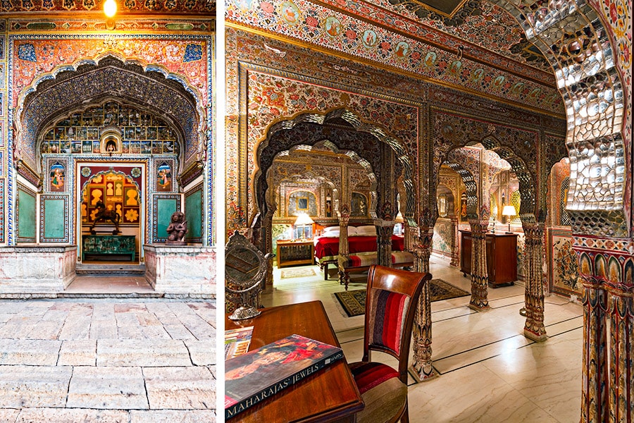 The elephant ramp leads to the entrance with its fully carved inlaid door; Sheesh Mahal suite at Samode Haveli