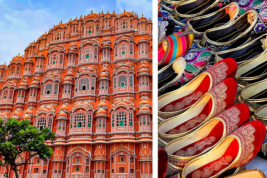 Hawa Mahal, Jaipur's crown jewel; handcrafted jhootis at a craft market in the city as Image: Shutterstock ; Veidehi Gite (right image)