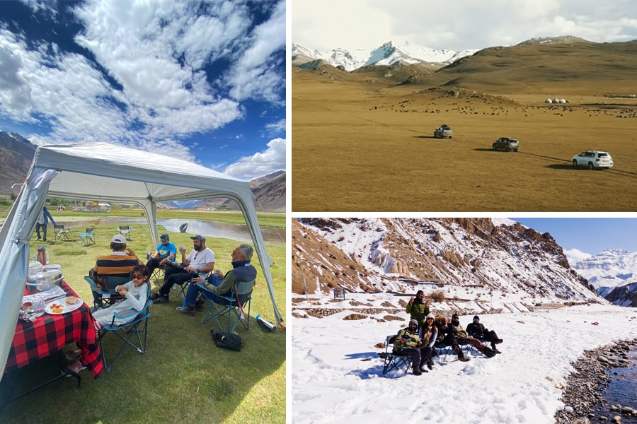 Travellers - on a Kyrgyzstan road trip, at a picnic spot near Kaza Spiti in winter, in a tented meadow in Padum Zanskar - organised by OneLatitude Expeditions LLP that offers luxury self-drive and overlanding adventures around the world