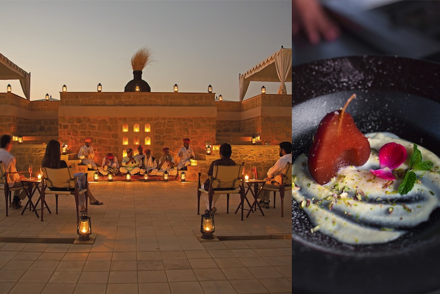 Desert folk musicians perform at SUJÁN The Serai Jaisalmer and plated dessert.