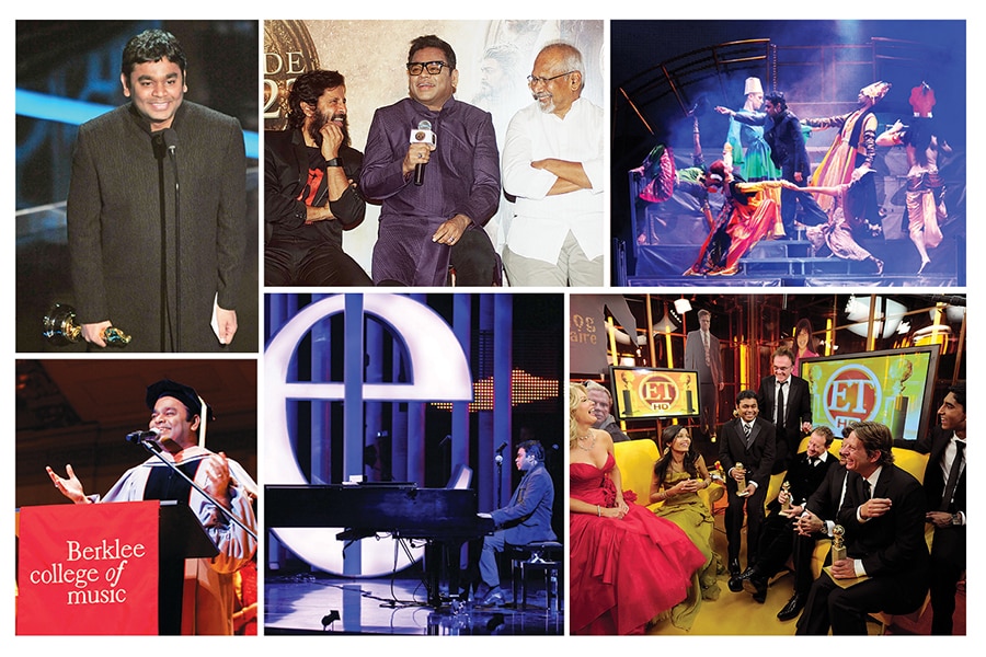 
(Clockwise from left) AR Rahman accepts the Oscar for Slumdog Millionaire; Chiyaan Vikram, Rahman and Mani Ratnam attend the PS-1 film trailer launch; Rahman performs at a concert at Nassau Veterans Memorial Coliseum; at a backstage interview after winning at the 66th Golden Globe Awards; rehearsing for the Nobel Peace Prize Concert in Oslo; receiving an honorary doctorate from Berklee College of Music
Image: Clockwise: Kevin Winter / Getty Images; Prodip Guha / Getty Images; As Trid Stawiarz / Getty Images; Sandy Young / Getty Images; Kevork Djansezian / Getty Images