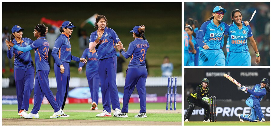 (Clockwise from left) Smriti Mandhana (third from left) with Jhulan Goswami (second from right), her mentor in the Indian team in the early days; Mandhana and Harmanpreet Kaur (right) during the T20 series between India and Australia; Mandhana has been honing her power-hitting, a skill that’s gaining significance in the T20 format
Image: Clockwise from left: Michael Bra Dley / AFP; Pankaj Nangia / Getty Images; Indranil Mukherjee / AFP