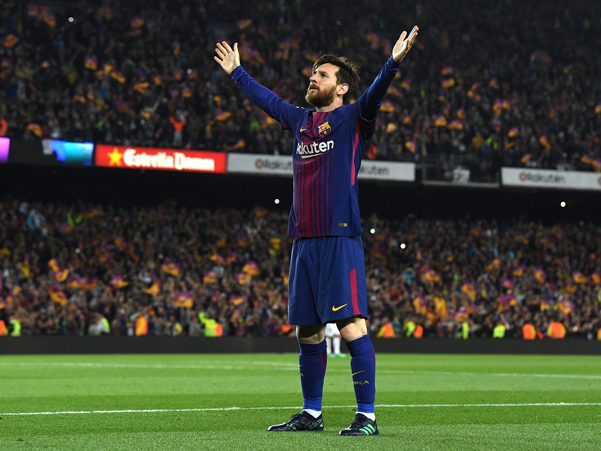 Lionel Messi celebrates after scoring during the La Liga match between Barcelona and Real Madrid at Camp Nou on May 6, 2018, in Barcelona, Spain. Image: David Ramos/Getty Images