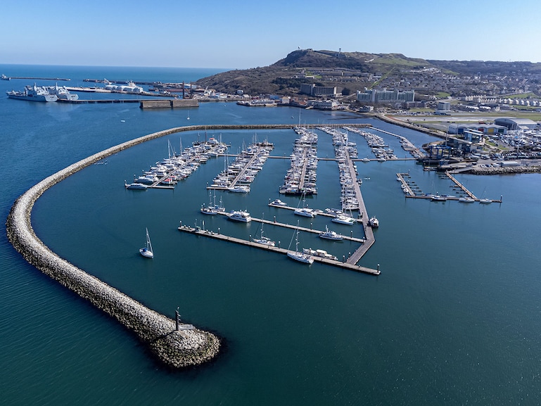 A view of the Portland marina and the Portland Harbour area in Dorset, the site selected by the UK Home Office for the docking of the migrant barge. 