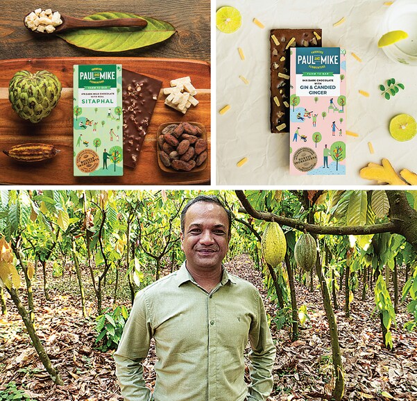 (Clockwise from above) Vikas Temani, the founder of Paul And Mike; the company’s dark chocolate with real sitaphal; Paul And Mike’s award-winning dark chocolate with gin and candied ginger