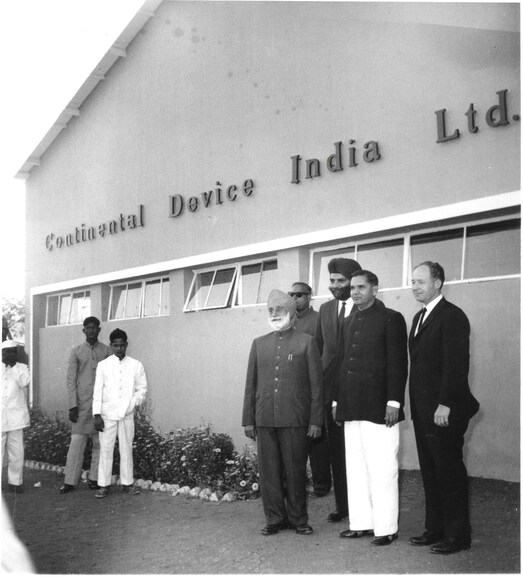 From left: Gurpreet Singh, founder of CDIL, S. Ujjal Singh, first Chairman of CDIL, Commerce Minister Manubhai Shah and Van Winkle, VP and technical director, Continental Device Corporation at the inauguration of CDIL plant in India