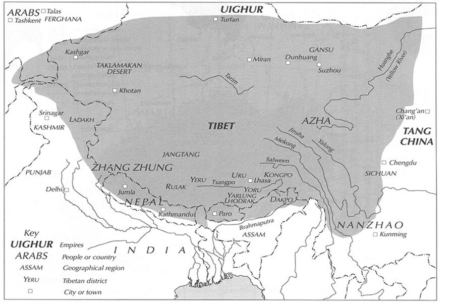 Map of the Tibetan Empire (in grey), late 8th-early 9th century from Kapstein, Matthew. The Tibetans, Blackwell, 2006