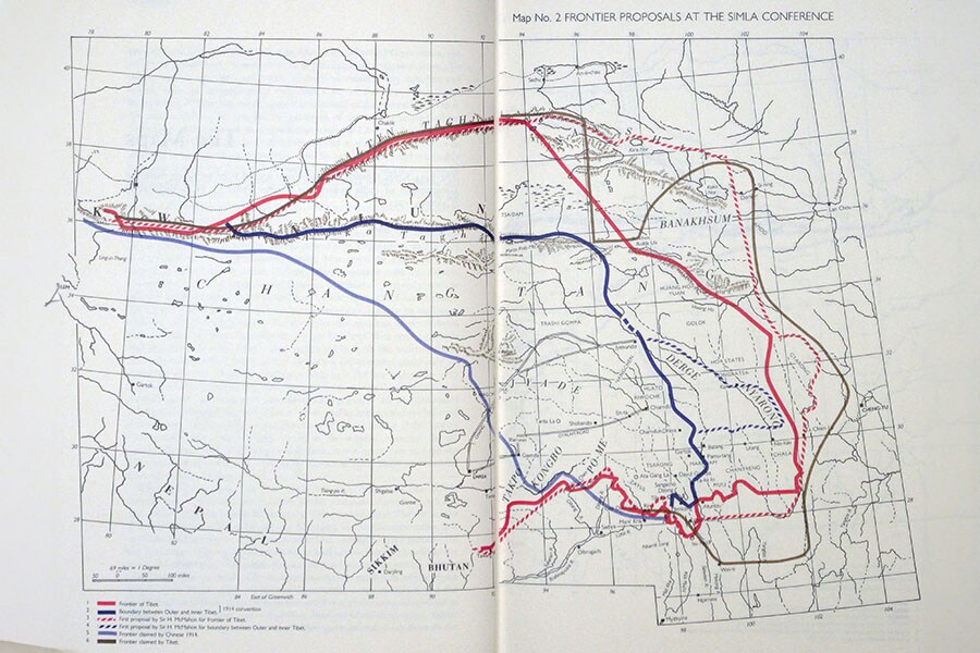 A map by British diplomat and Tibetologist Hugh Richardson. The light blue line represents the frontier claimed by China, while the dark grey line represents the frontier claimed by Tibet,  and the bold blue line shows the  boundary between outer and inner Tibet proposed at the 1914 Simla Convention.
Image: Public Domain/Wiki