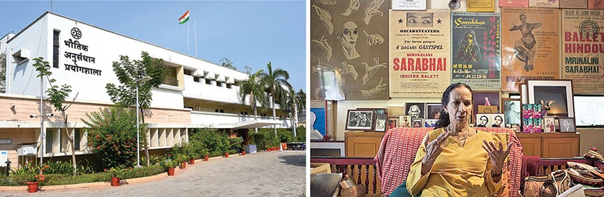 The Physical Research Laboratory (left), founded in 1947 by Vikram Sarabhai with support from Kasturbhai Lalbhai, went on to become the cradle of India’s space programme; Mrinalini Sarabhai founded the Darpana Academy of Performing Arts in Ahmedabad  
Image: LEFT: Image: Courtesy Sarabhai Family.; Manpreet Romana / AFP