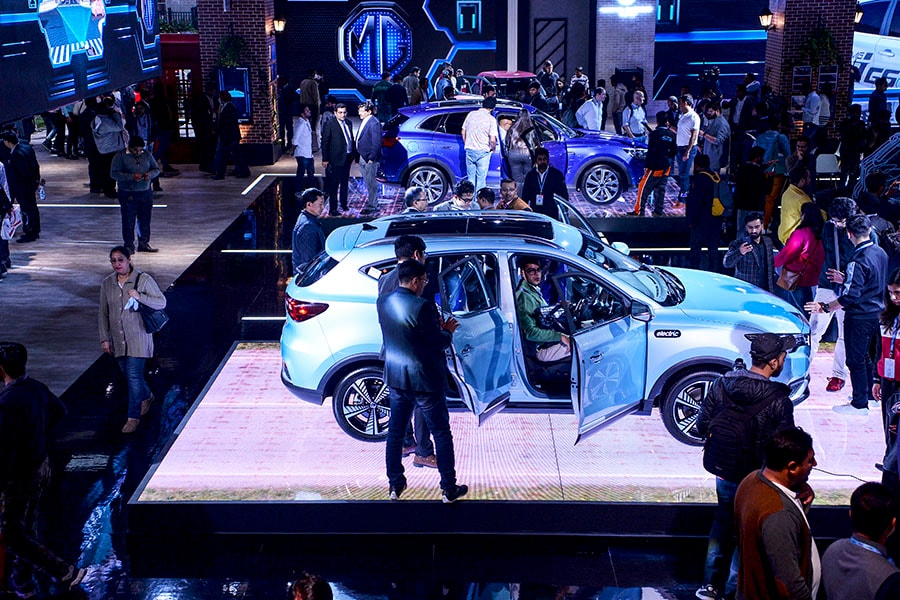 A file photo of an MG Motor pure-electric car launch. Image: Sajjad HUSSAIN / AFP