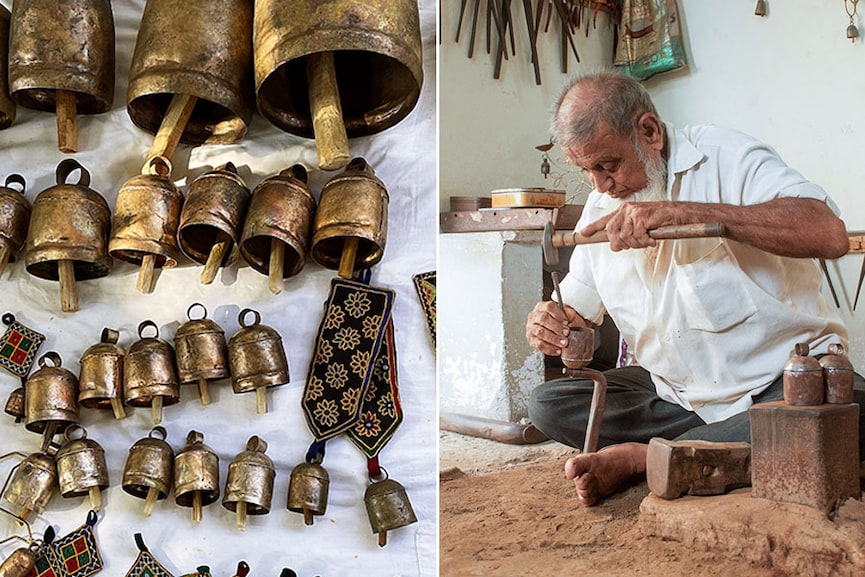 On the left - Samples of Copper Bell art. On the right - Artist Husen Sidhik working on a bell