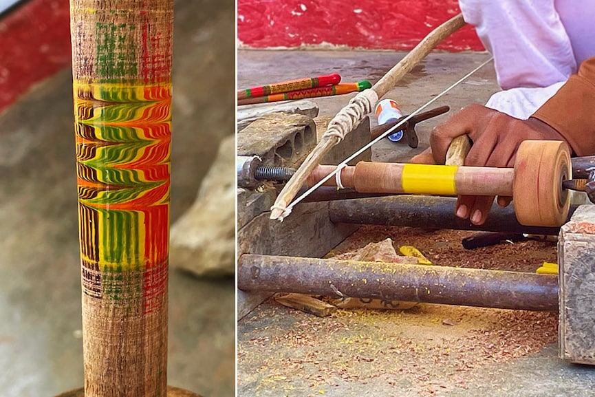 On the left - Beautiful details of lacquer art. On the right - An artisan in the middle of lacquer making