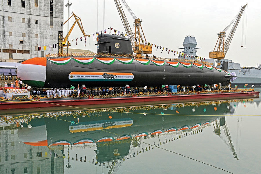 Sixth Scorpene submarine ‘Vagsheer’ at the Mazagaon dock in Mumbai. It’s named after the sandfish, a deadly deep sea predator of the Indian Ocean
Image: Ashish Vaishnave/SOPA IMAGES/LIGHTROCKET Via Getty Images